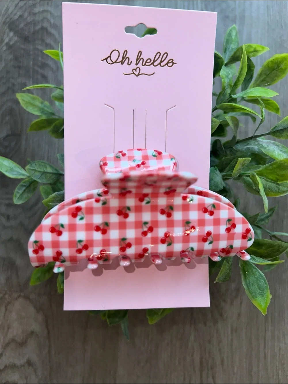 Oh Hello Gingham & Cherry Glossy Claw Hair Clip Hair Accessory New 4”